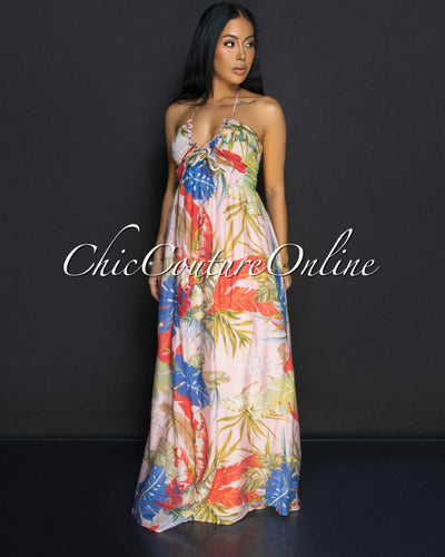 Tomiko Pink Multi Floral Halter Maxi Dress