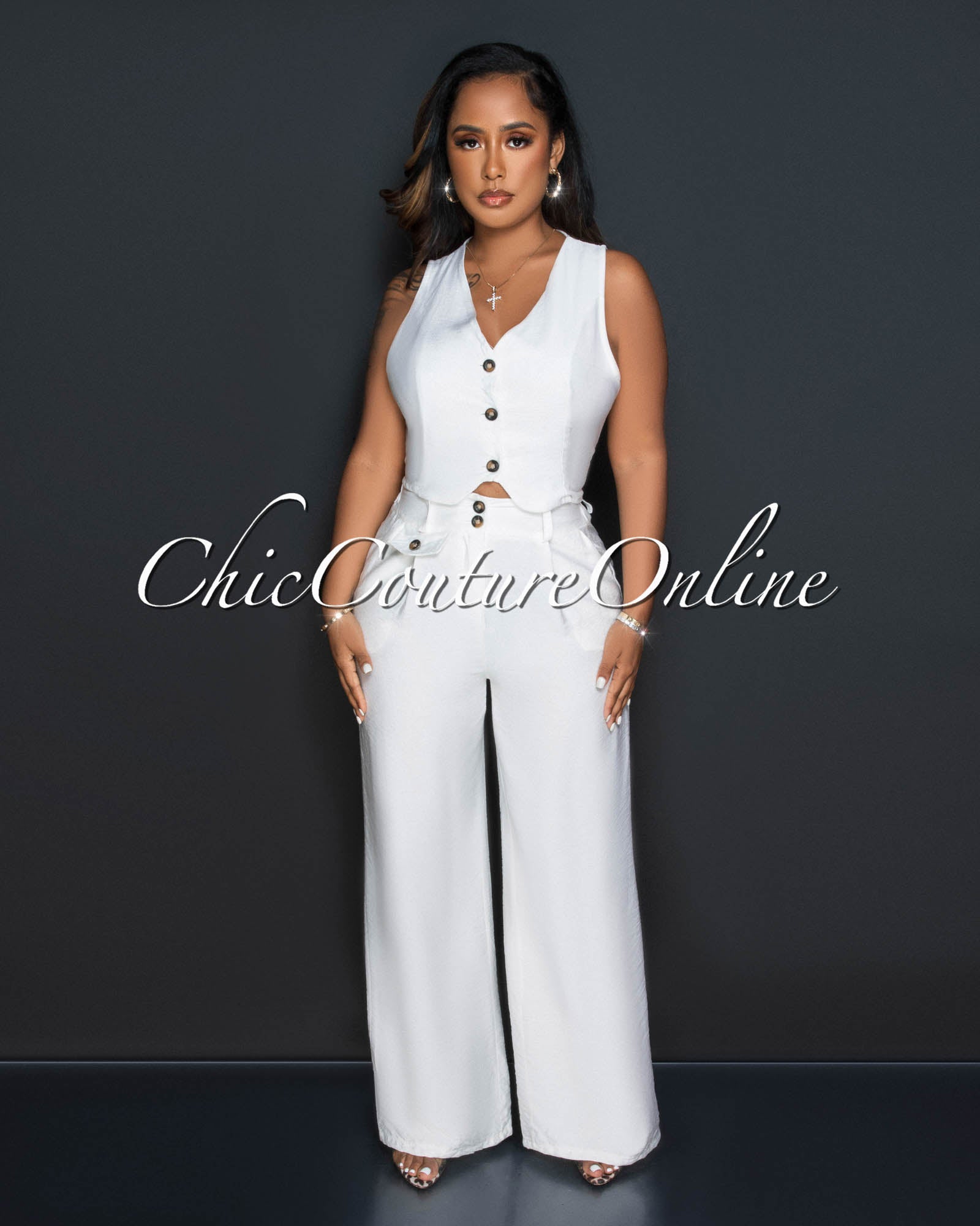 Orene Off-White Brown Buttons Crop Top & Wide Pants Set