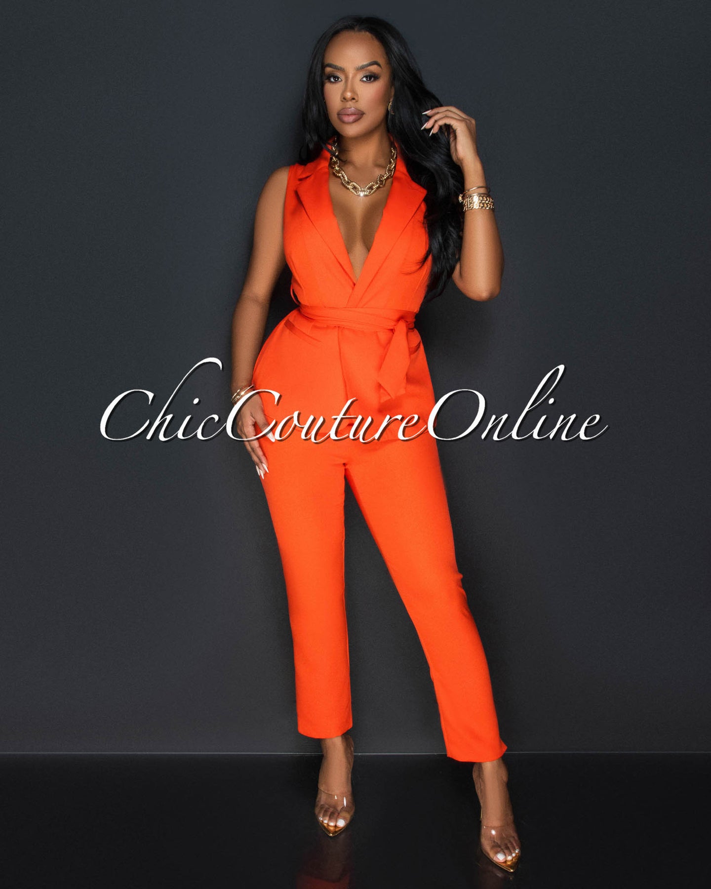 *Jaxine Tomato Self Tie Vest & Slim Legs Pants Set