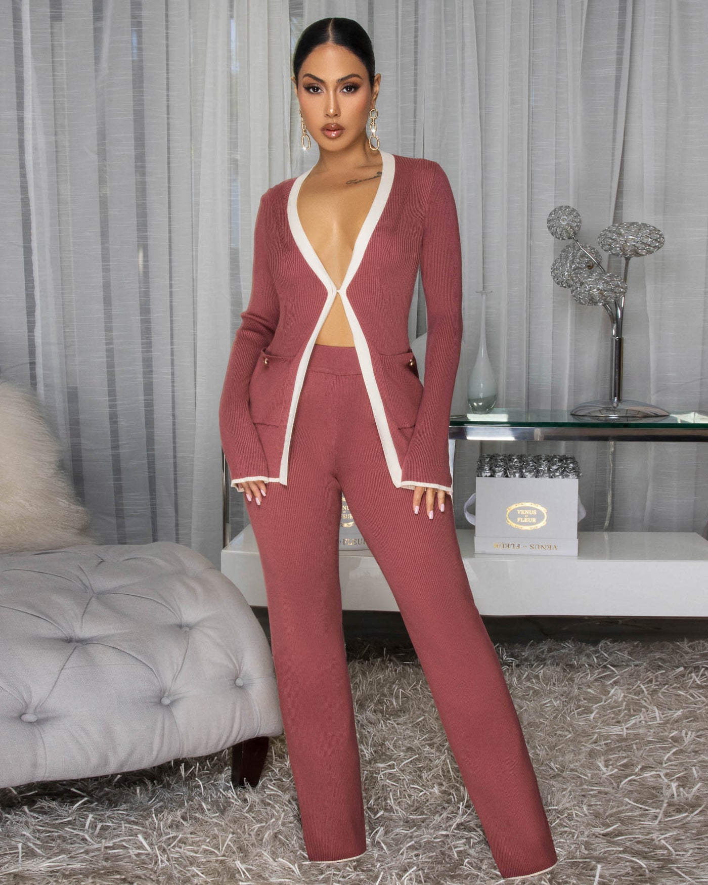 India Mauve White Trim Knit Pants Set