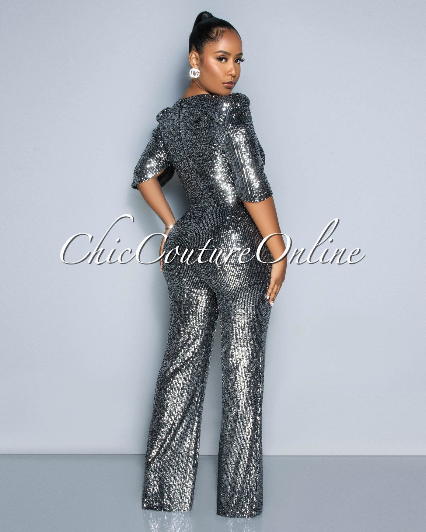 Mellie Silver Black Sequins Bubble Sleeves Jumpsuit