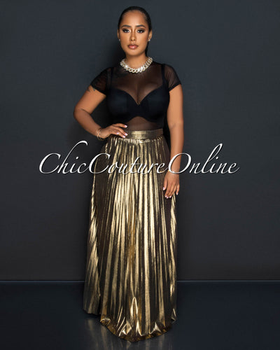 *Olina Gold Shimmer Pleated Maxi Skirt