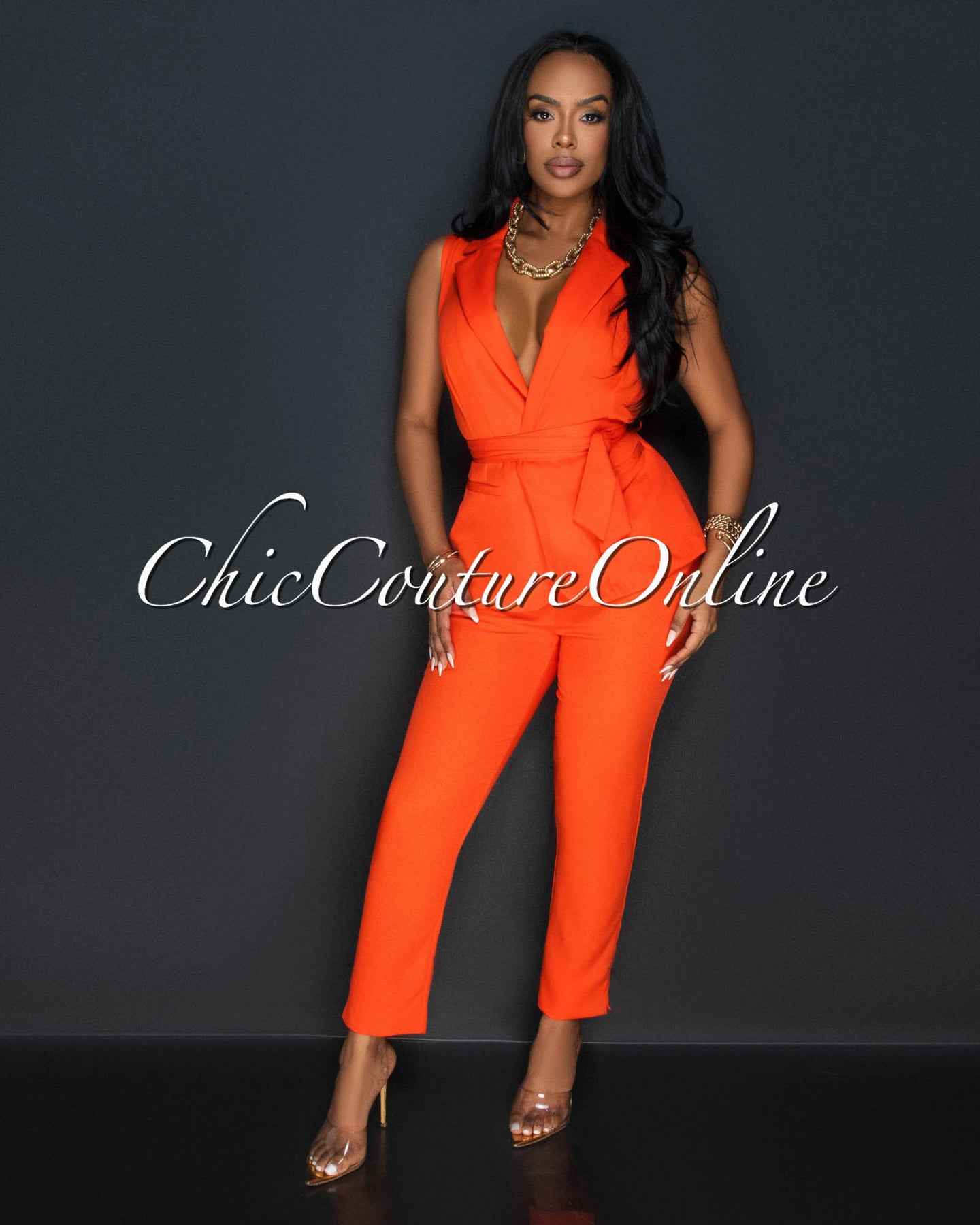 *Jaxine Tomato Self Tie Vest & Slim Legs Pants Set