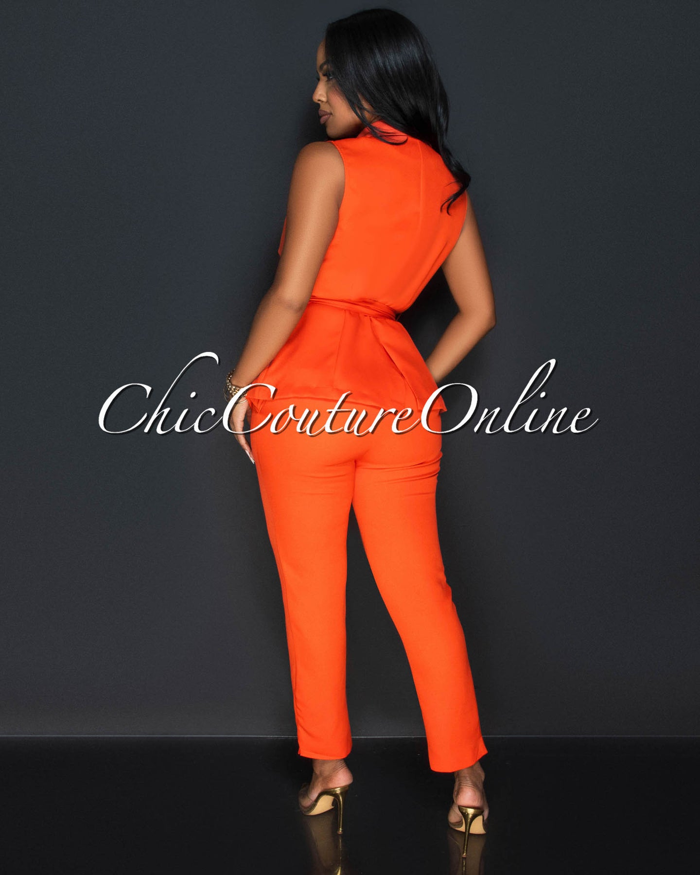 *Jaxine Tomato Self Tie Vest & Slim Legs Pants Set