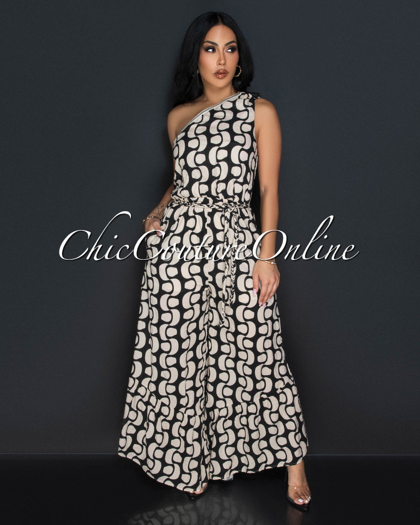 *Jayda Black Cream Print One Shoulder Wide Legs Jumpsuit