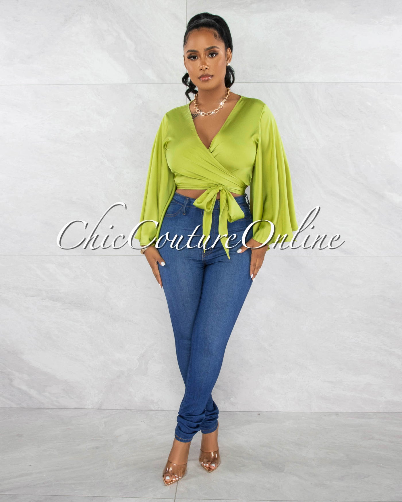 *Yancy Apple Green Wide Sleeves Silky Blouse