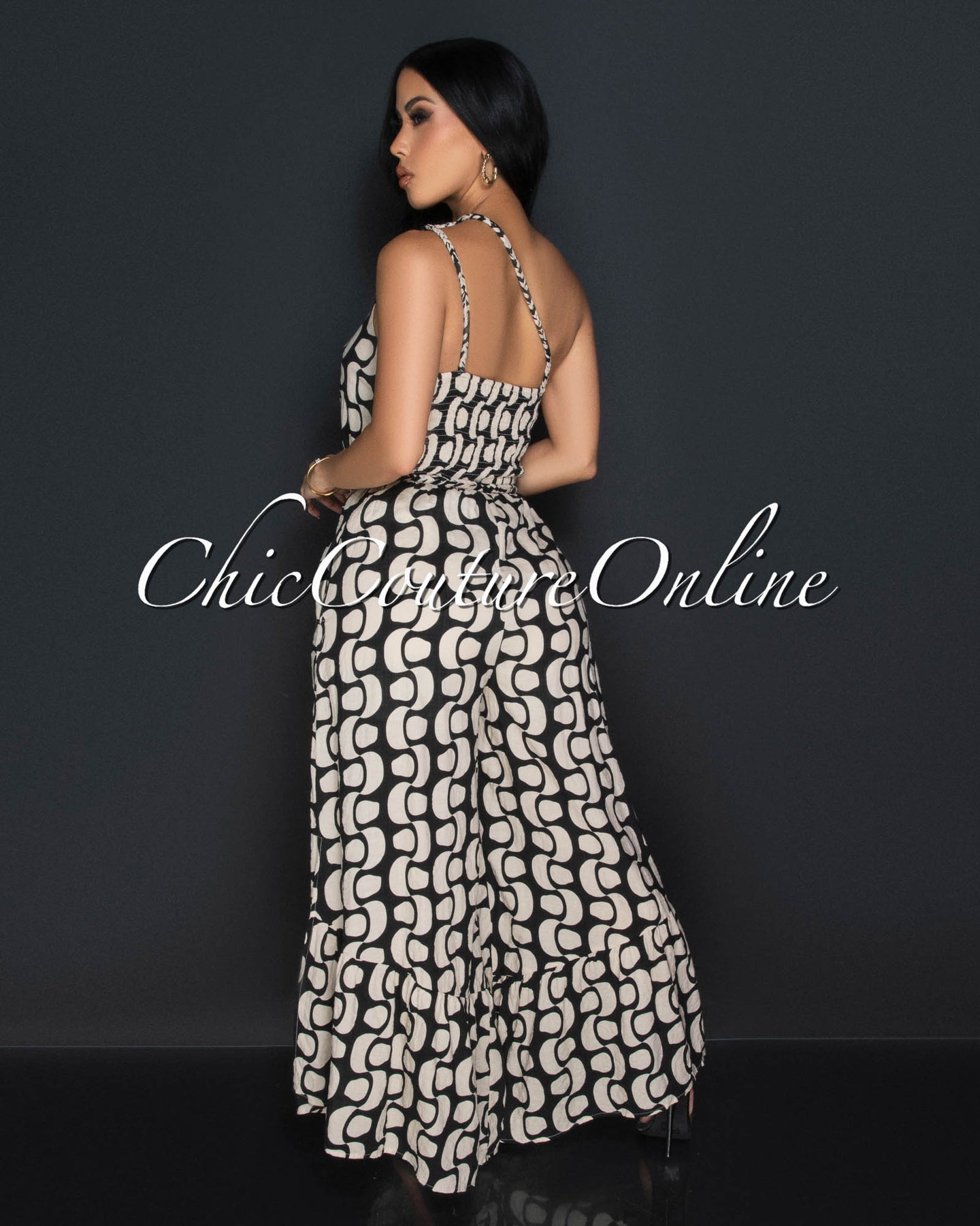 *Jayda Black Cream Print One Shoulder Wide Legs Jumpsuit