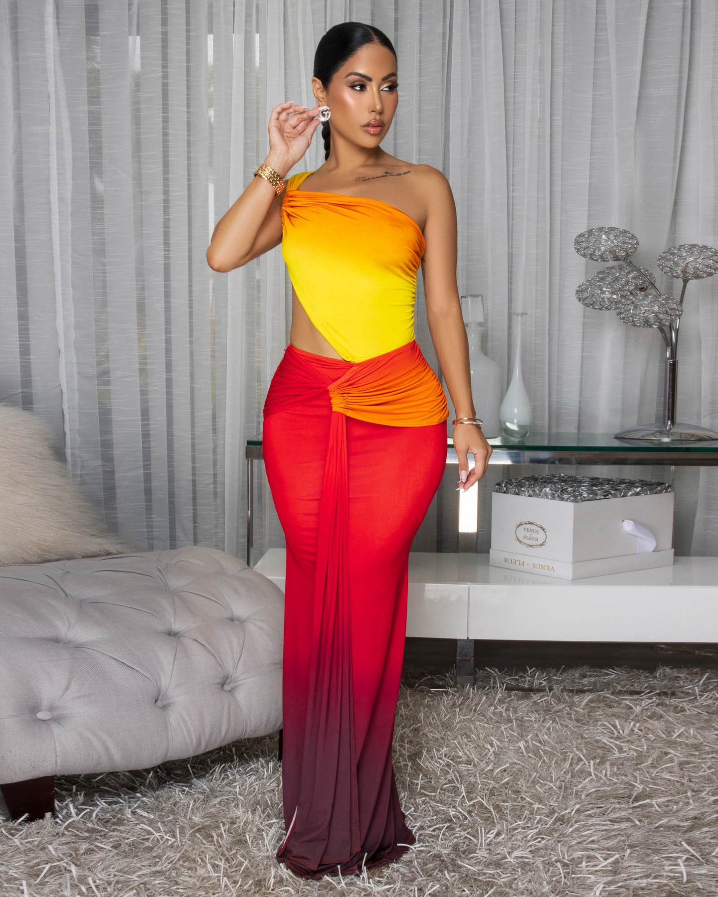 Sunia Red Yellow Ombre  Ruched Cut-Out Maxi Dress