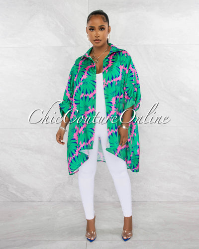 *Salima Green Pink Print Silky Shirt Dress