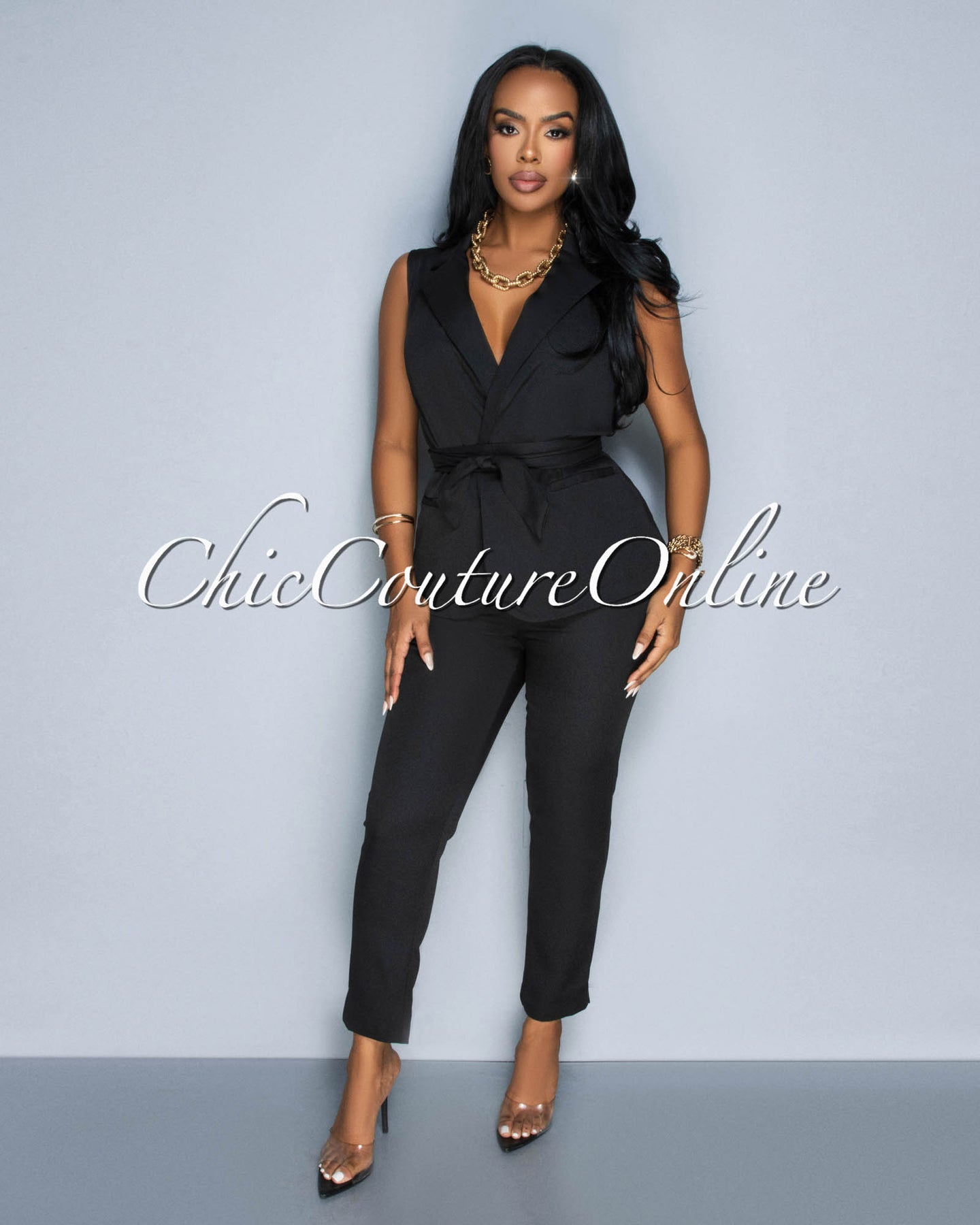 *Jaxine Black Self Tie Vest & Slim Legs Pants Set