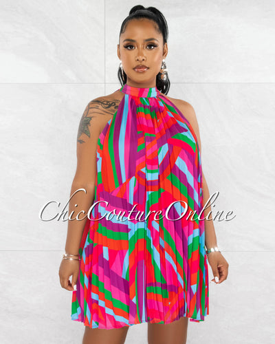 Sabba Fuchsia Multi-Color Print Halter Pleated Dress