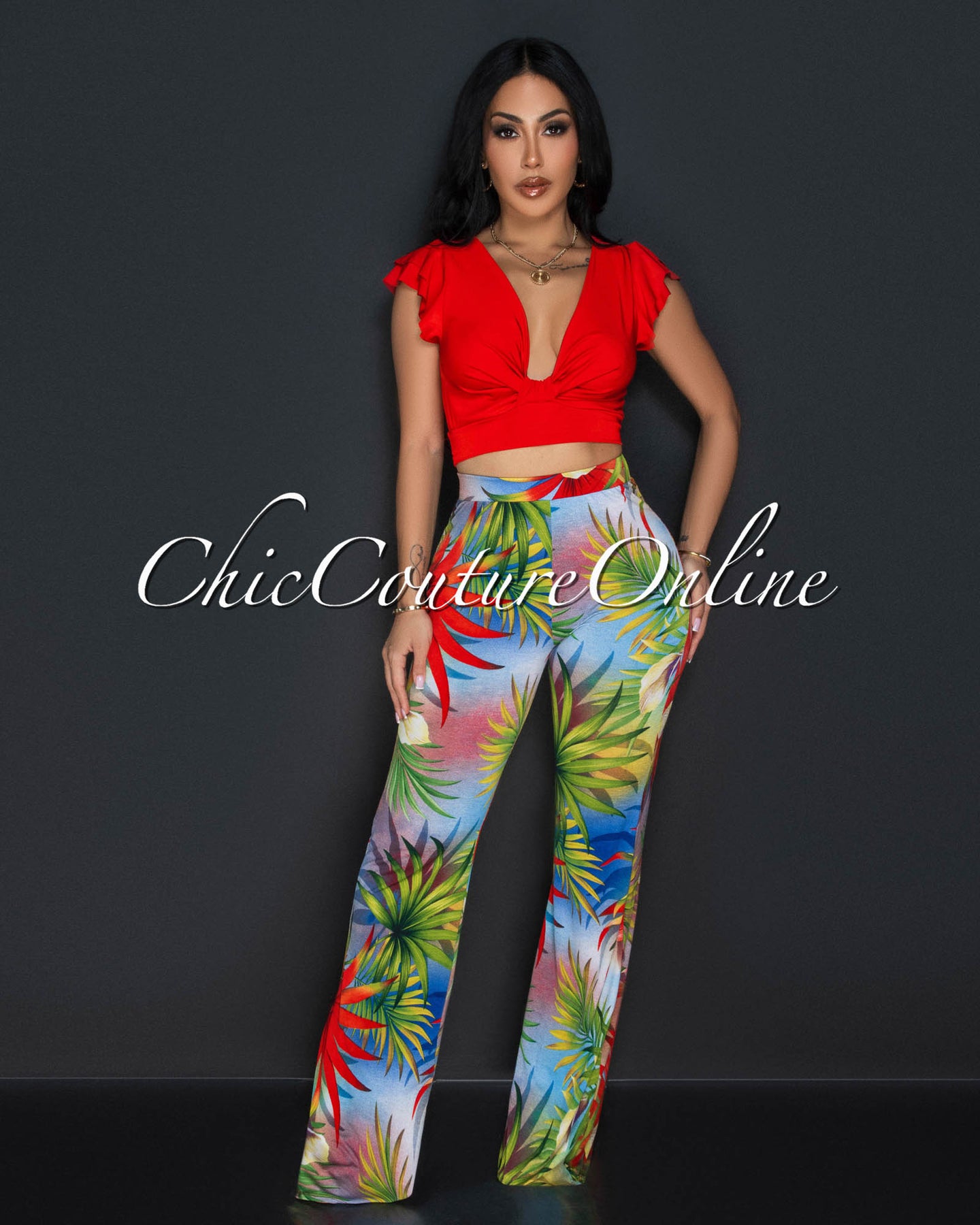 Sariah Red Tropical Ruffle Crop Top & Wide Legs Set