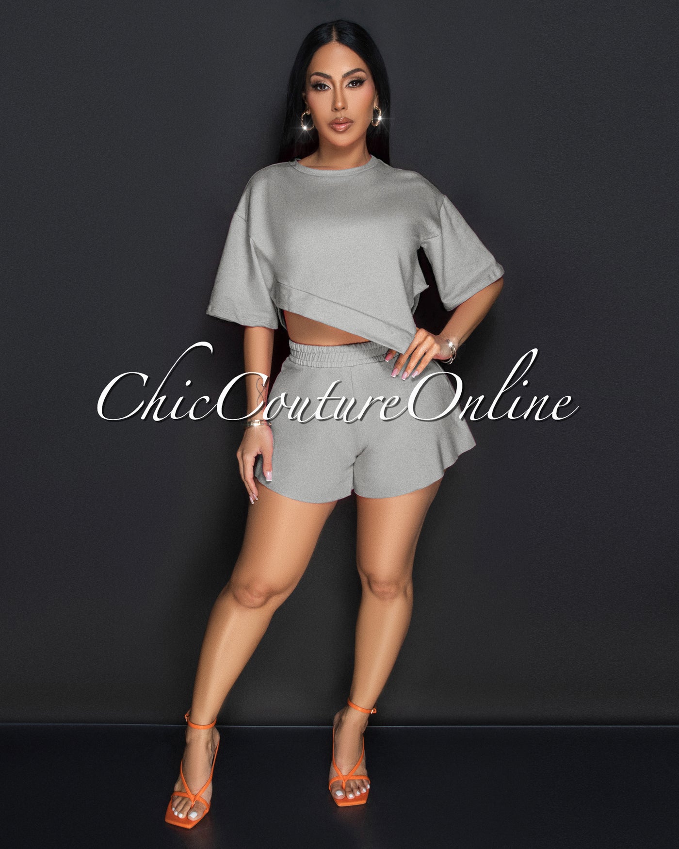 Karena Grey Assymetrical Crop Top & Hi Lo Shorts Sporty Set