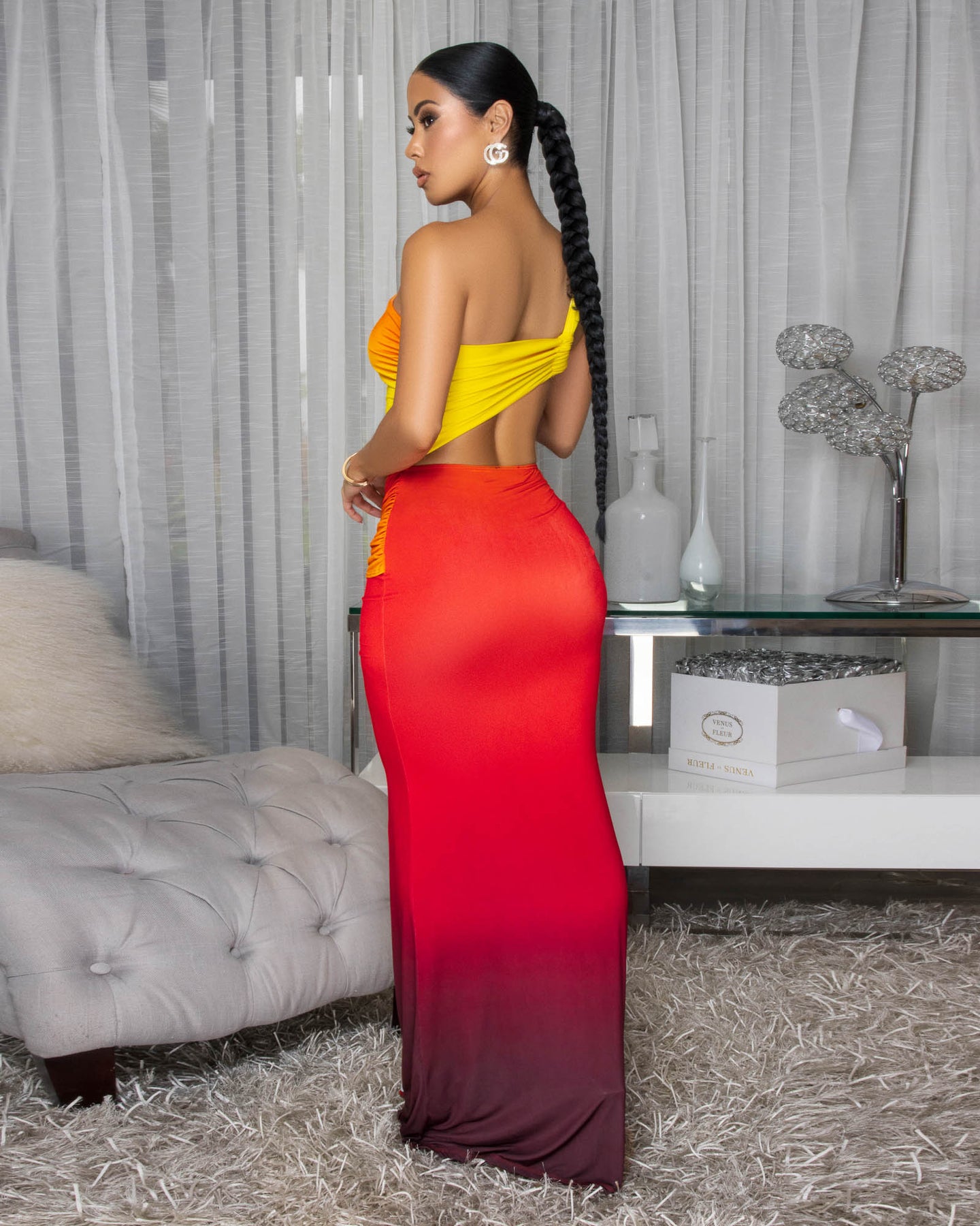 Sunia Red Yellow Ombre  Ruched Cut-Out Maxi Dress