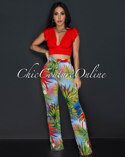 Sariah Red Tropical Ruffle Crop Top & Wide Legs Set