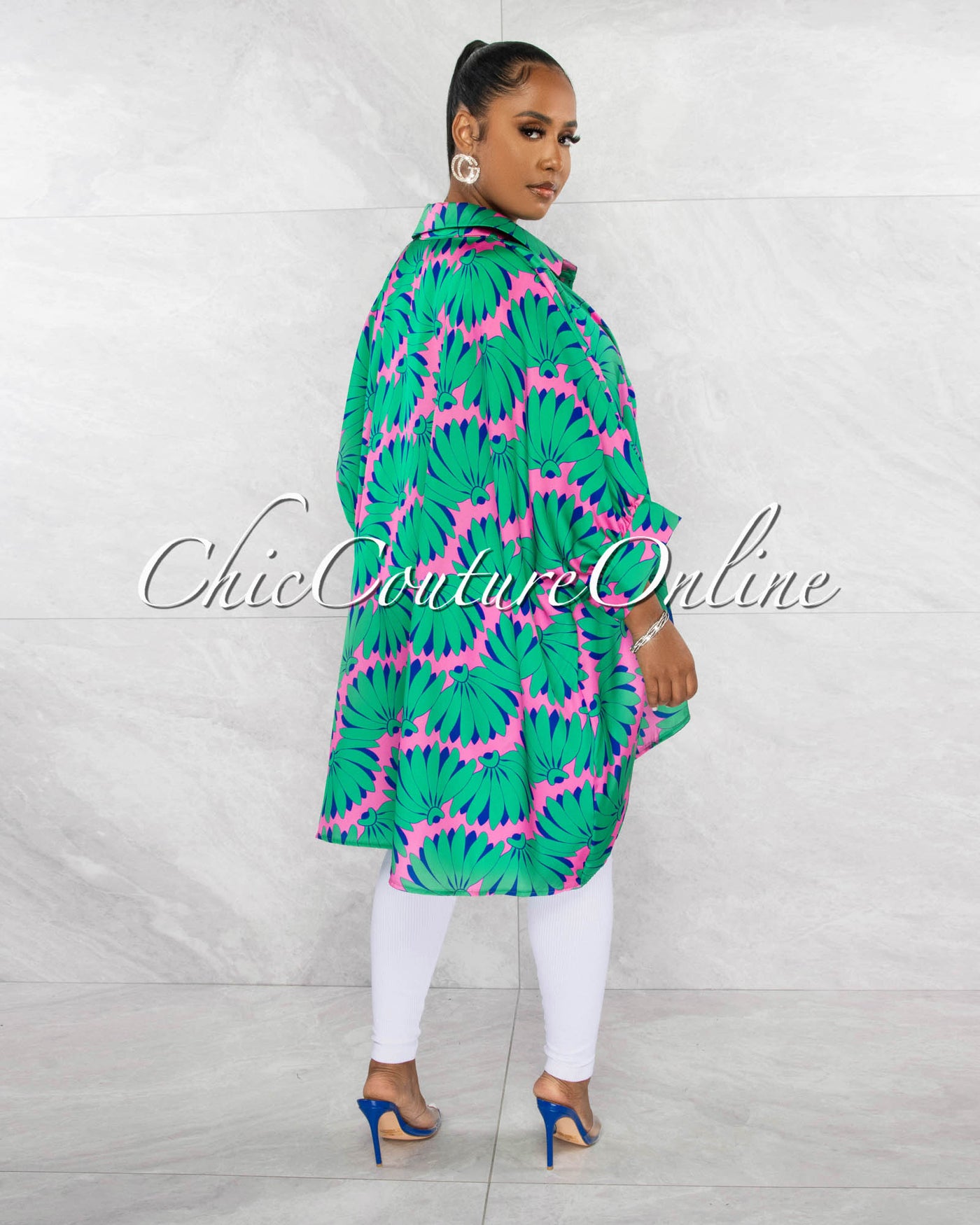*Salima Green Pink Print Silky Shirt Dress