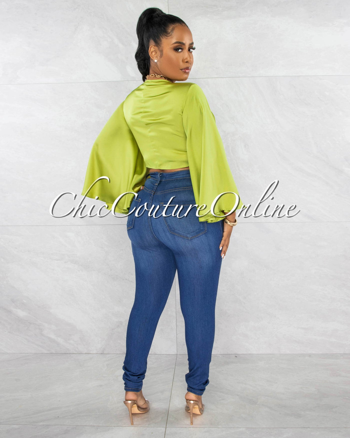 *Yancy Apple Green Wide Sleeves Silky Blouse