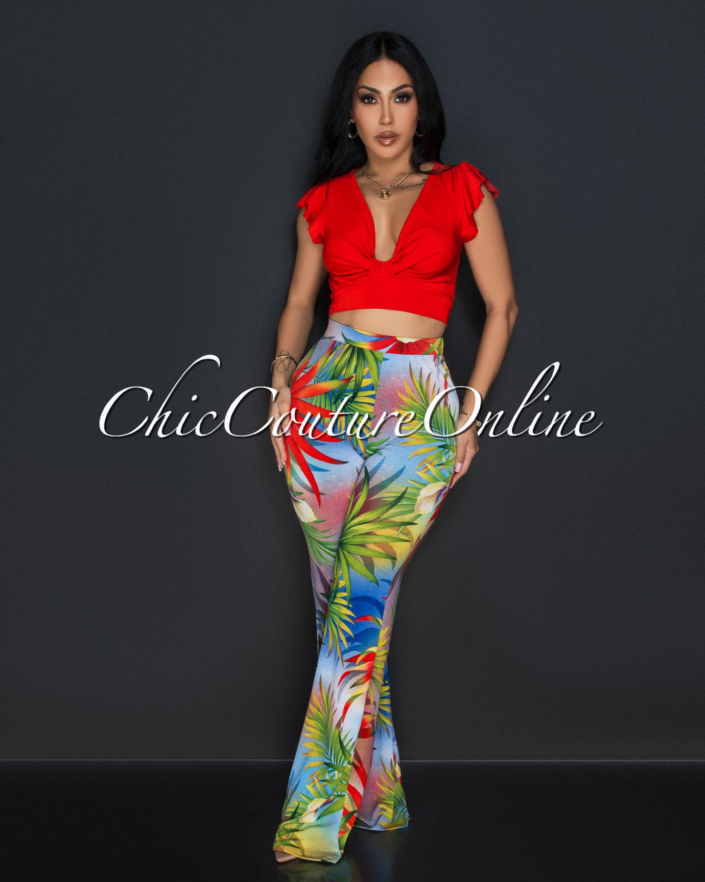 Sariah Red Tropical Ruffle Crop Top & Wide Legs Set