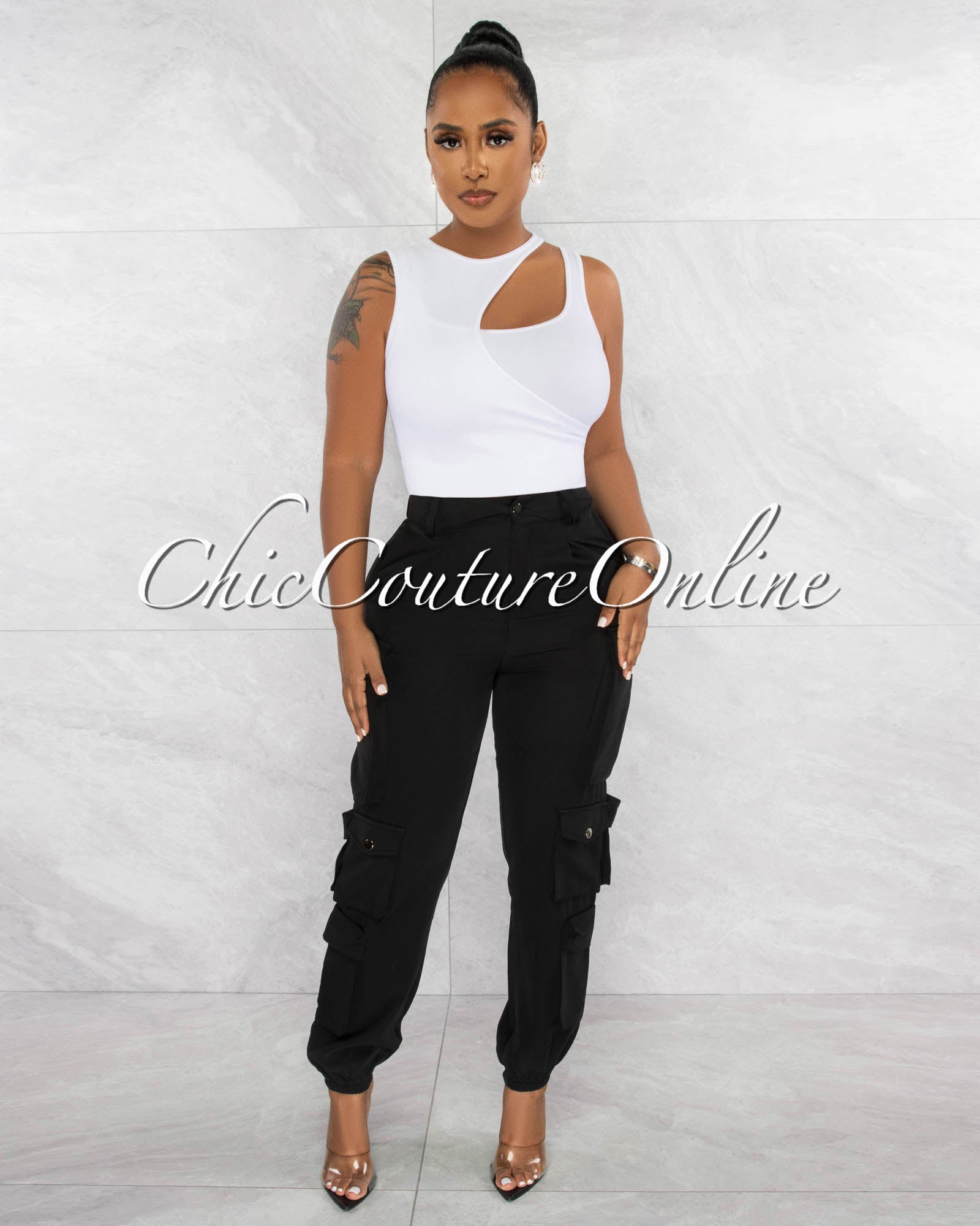 *Ramos Black Silver Buttons Cargo Jogger Pants