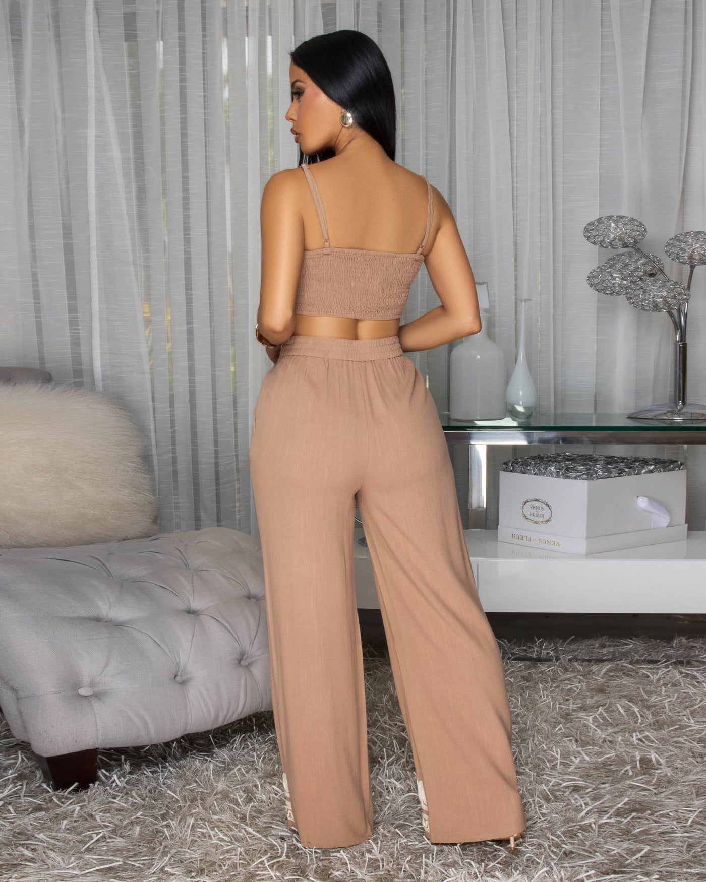 Tanaya Taupe Cream Embroidery Pants Set