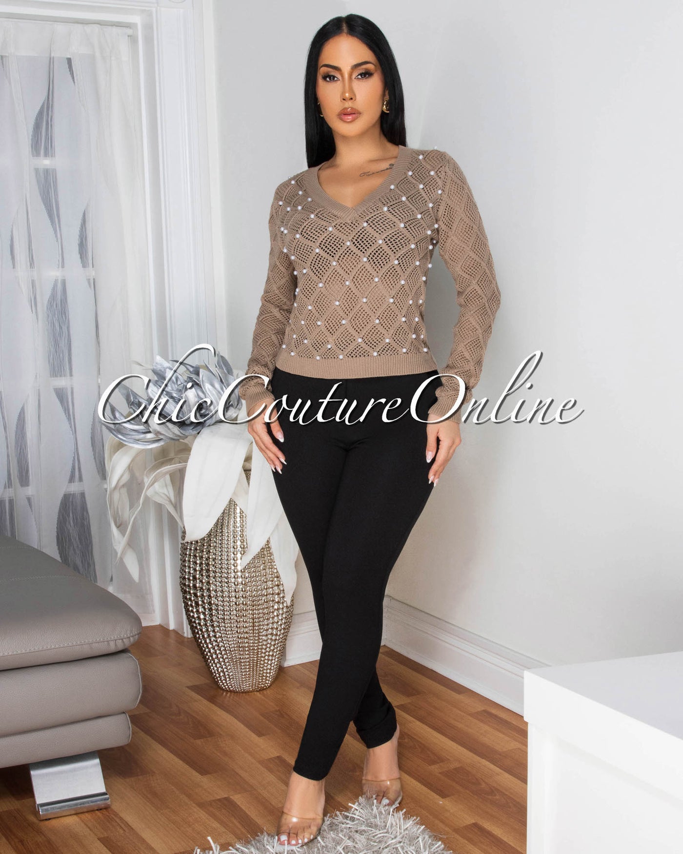 Melona Toffee Pearl Accent See-Thru Sweater