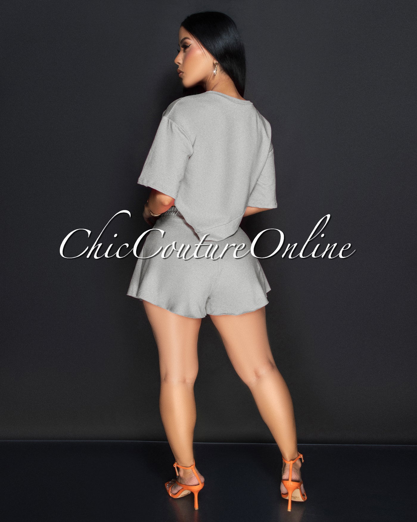 Karena Grey Assymetrical Crop Top & Hi Lo Shorts Sporty Set