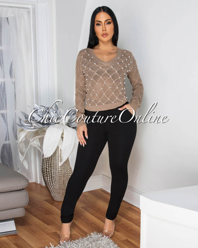 Melona Toffee Pearl Accent See-Thru Sweater