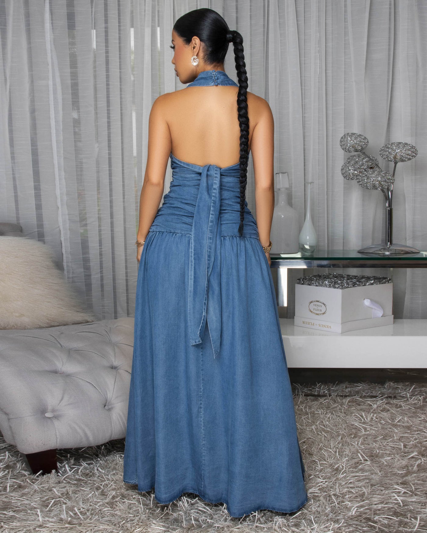 Azura Blue Denim Ruched Halter Maxi Dress
