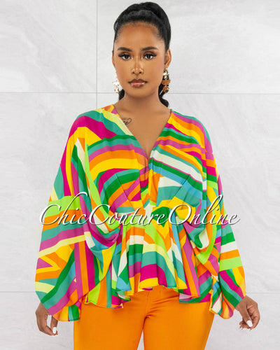 *Blanca Multi-Color Print Draped Tunic Blouse