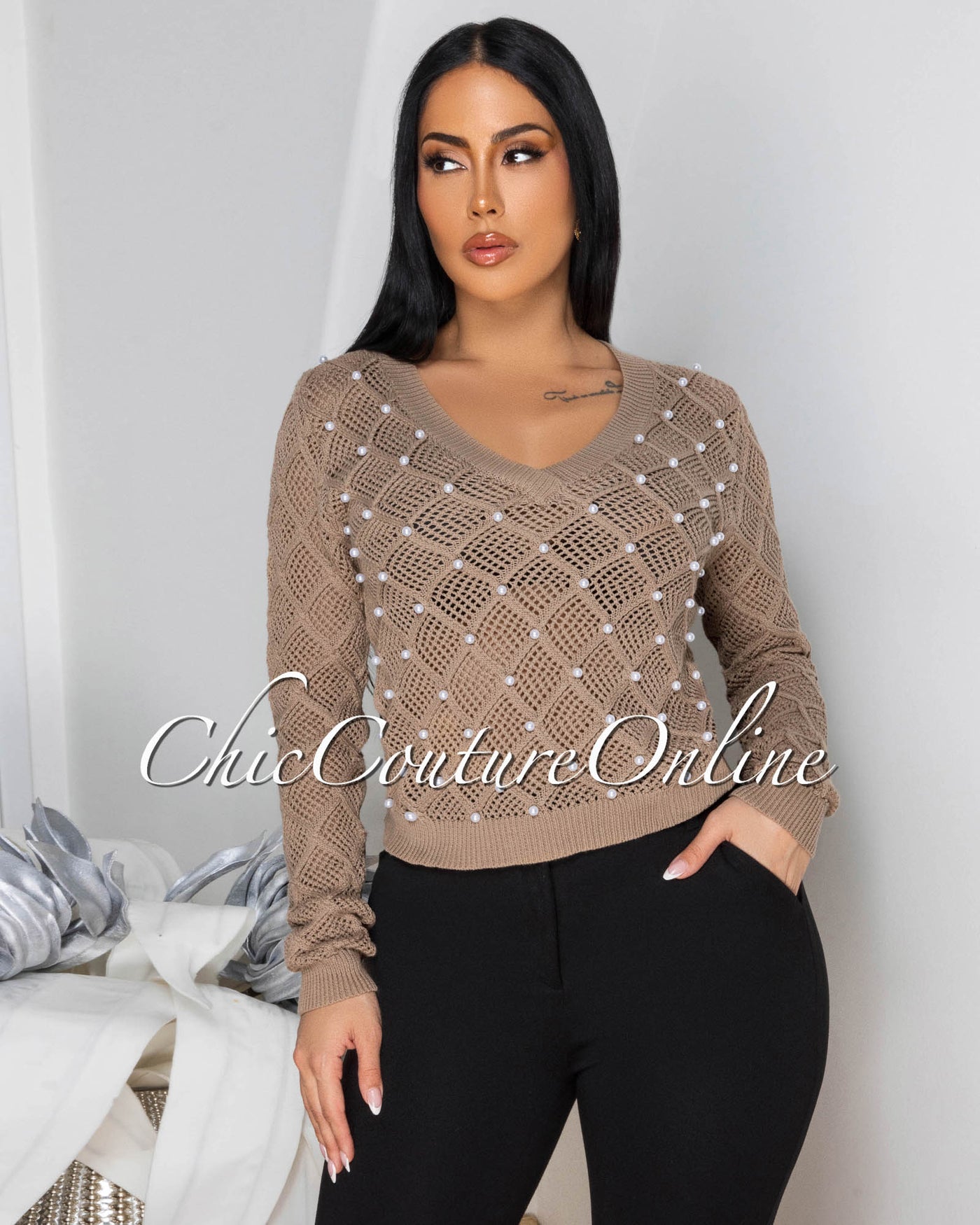 Melona Toffee Pearl Accent See-Thru Sweater