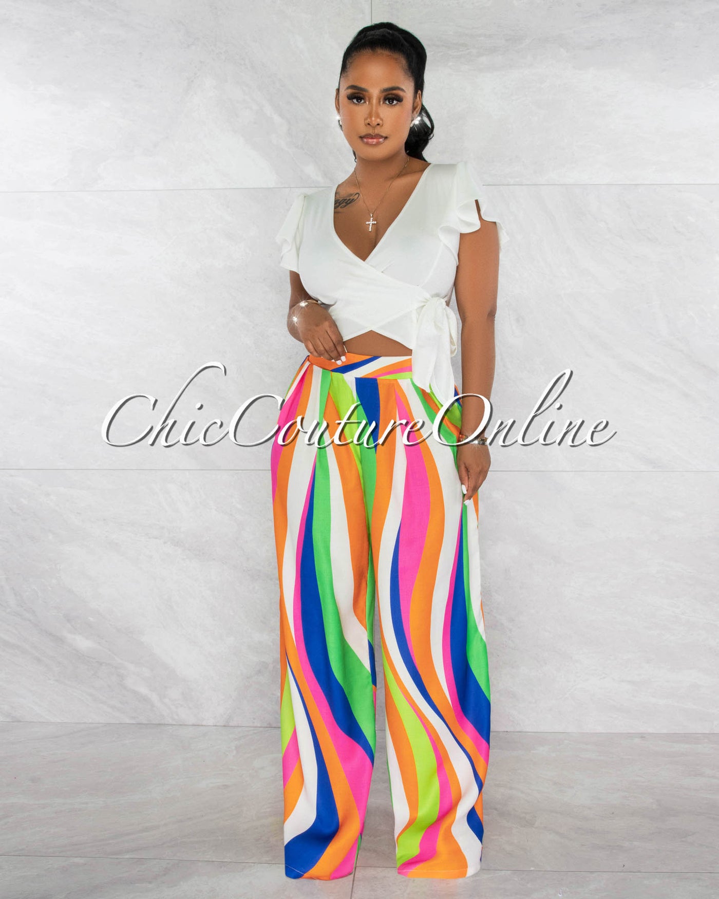 *Tracie Bright Multi-Color Print Pleated Wide Pants