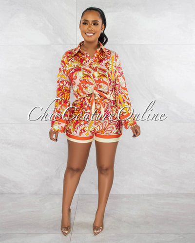 Corina Cream Orange Print Shirt & Mini Shorts Set