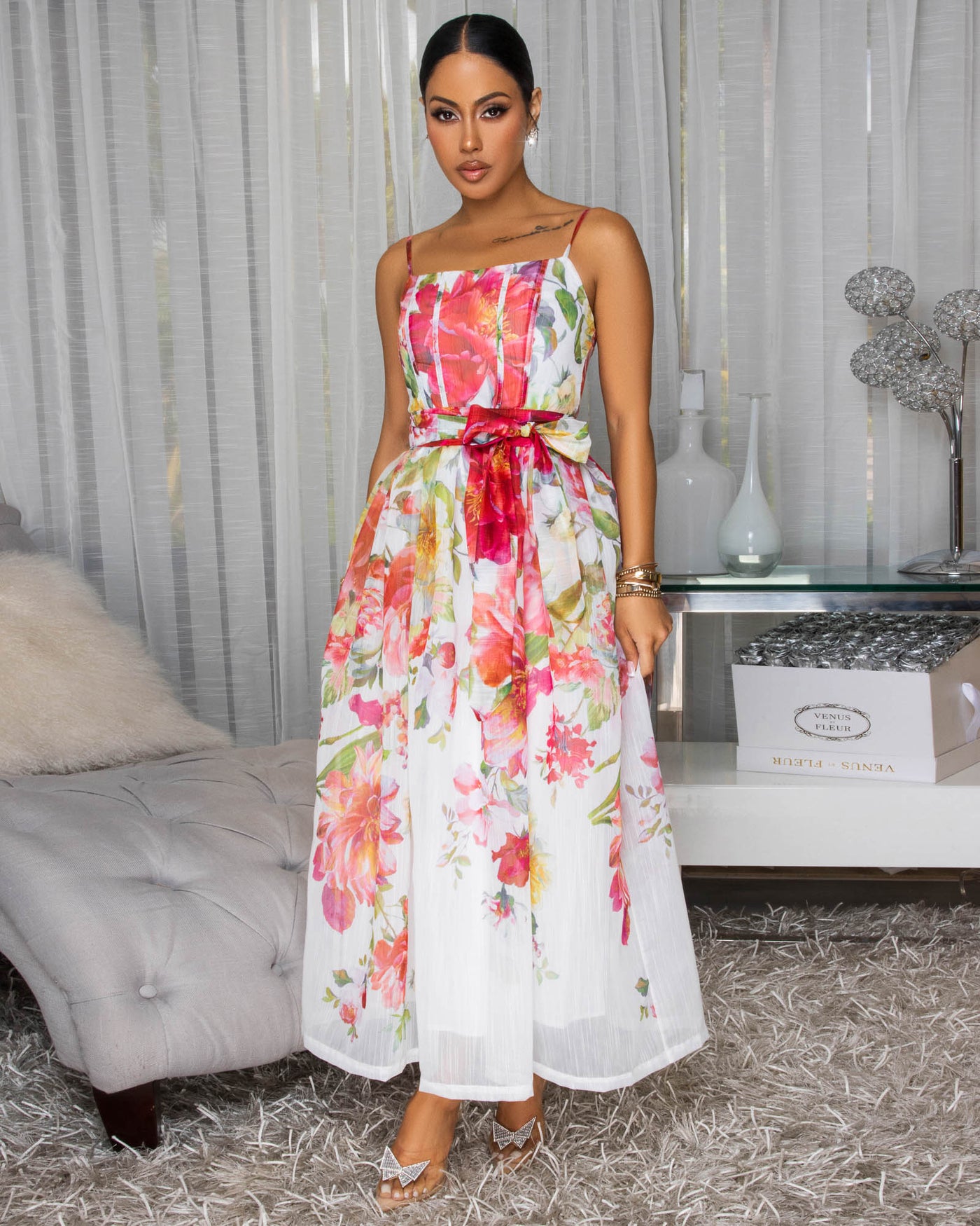 Maliyah Ivory Multi-Color Floral Print Midi Dress