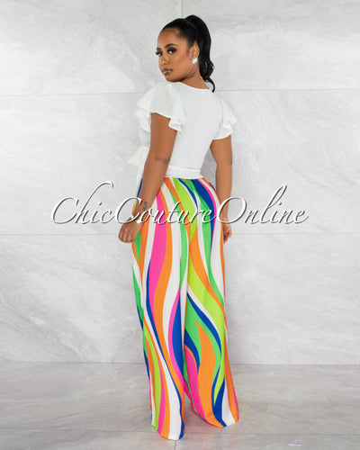 *Tracie Bright Multi-Color Print Pleated Wide Pants