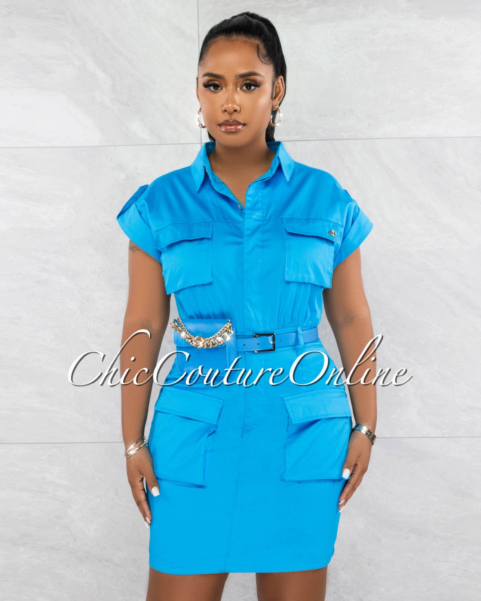 *Pammie Turquoise Fanny Pack Belt Cargo Utility Dress