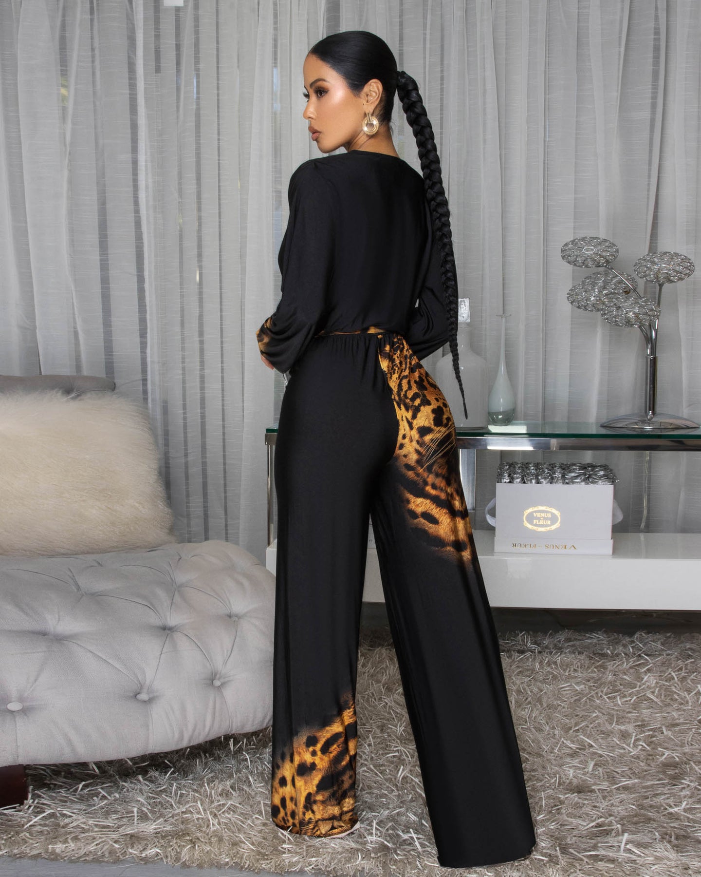Siren Black Cheetah Print Wide Legs Jumpsuit