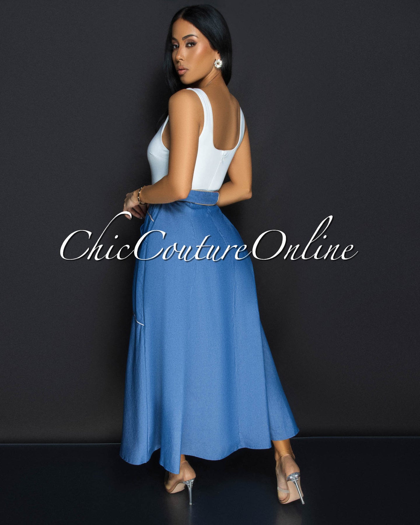 Izetta White Blue Chambray Midi Dress