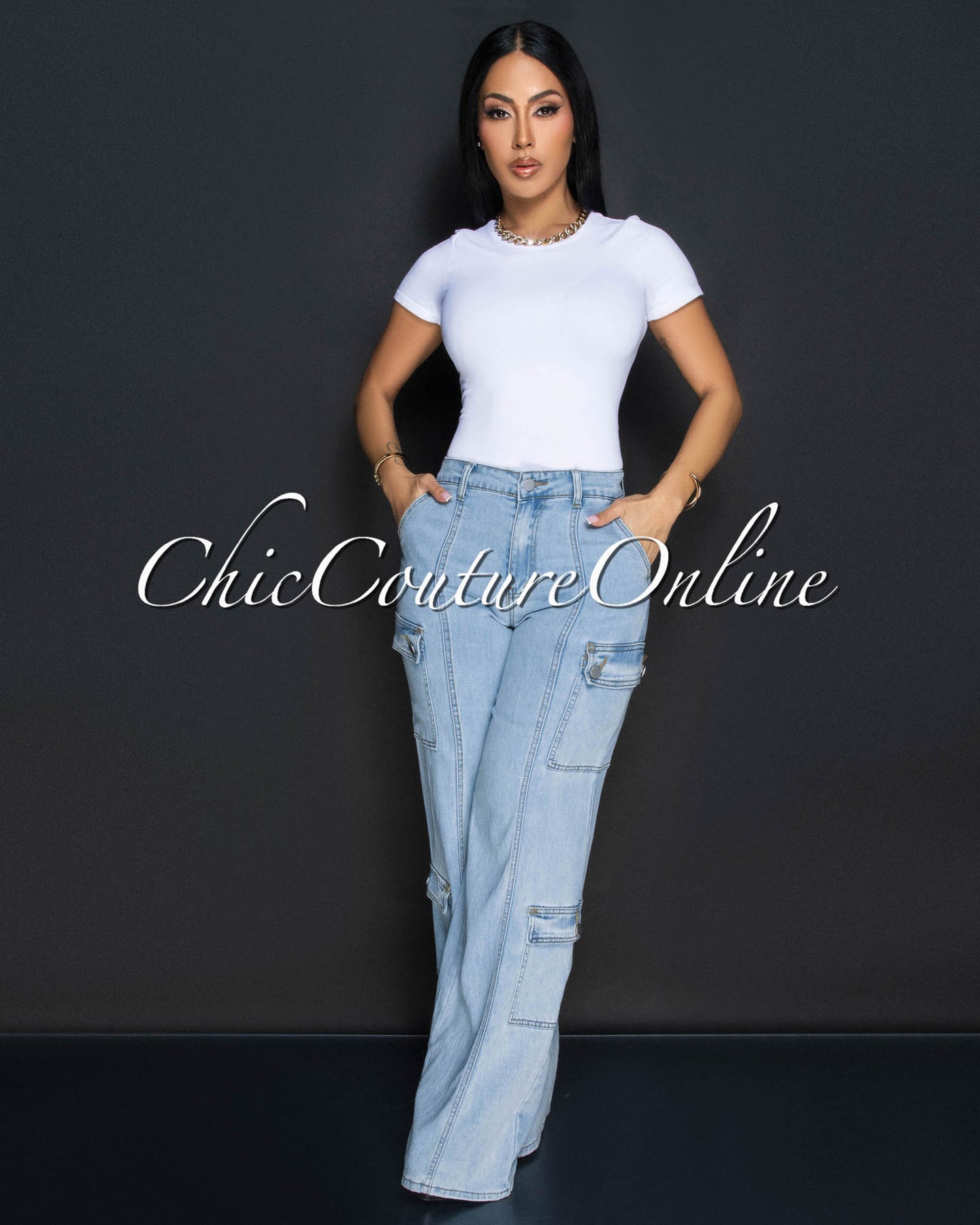 Yanira Light Blue Denim Cargo Wide Legs Jeans
