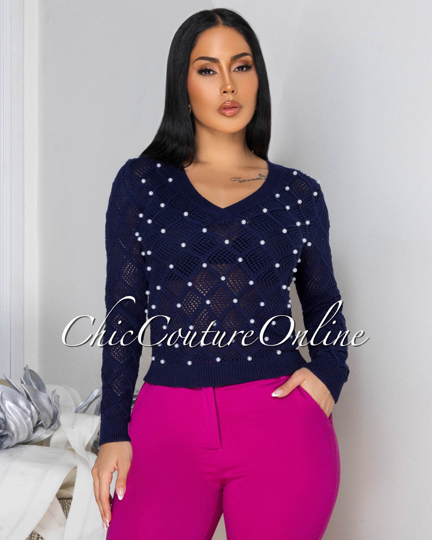 Melona Navy-Blue Pearl Accent See-Thru Sweater