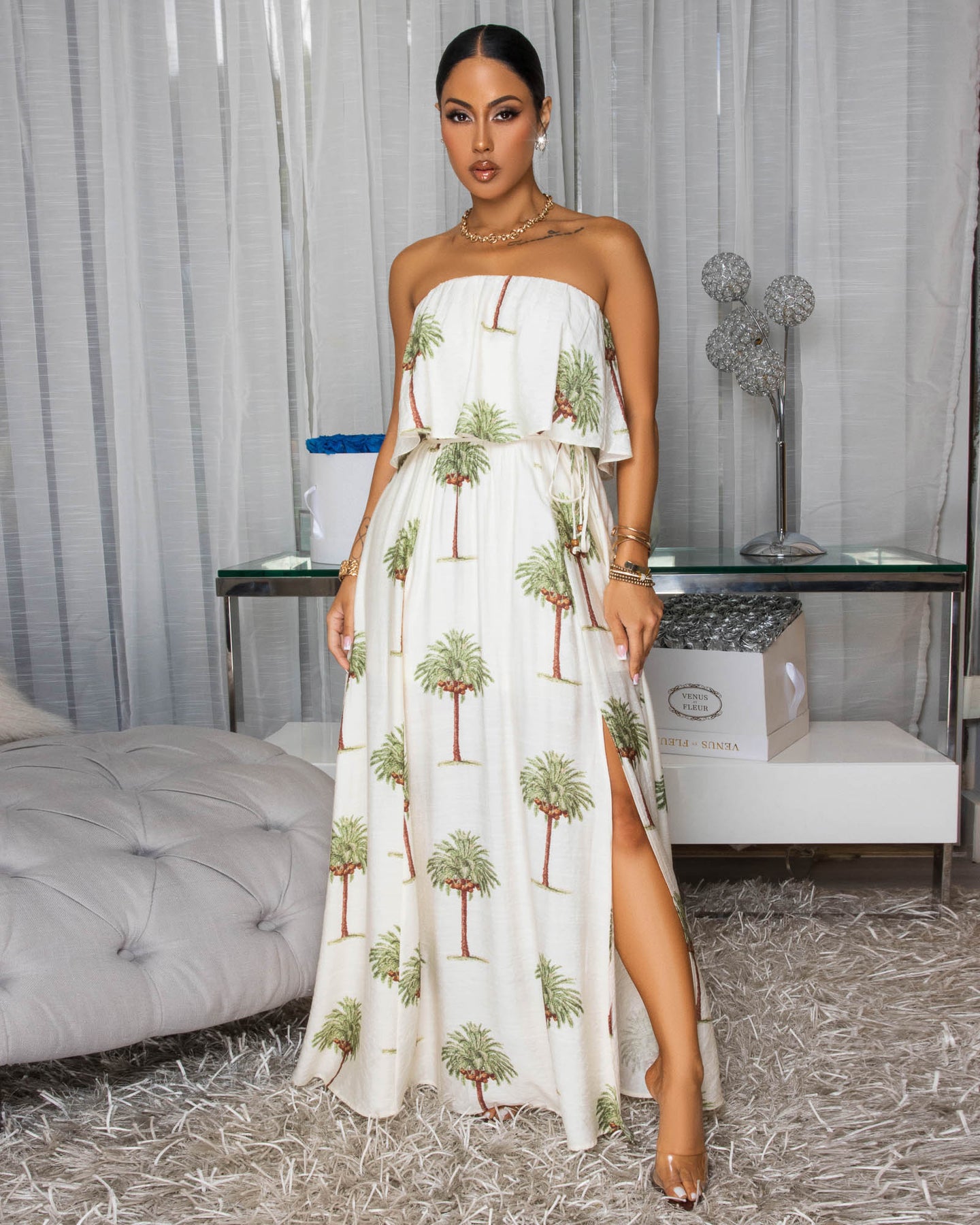 Lani Cream Palm Print Strapless Maxi Dress