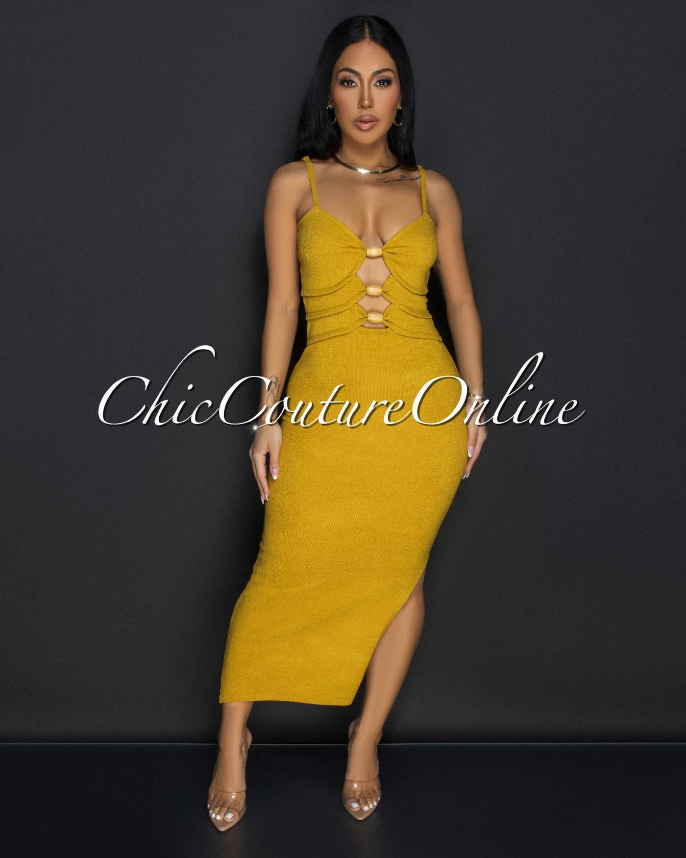 Ariah Mustard Wood Accent Knit Midi Dress