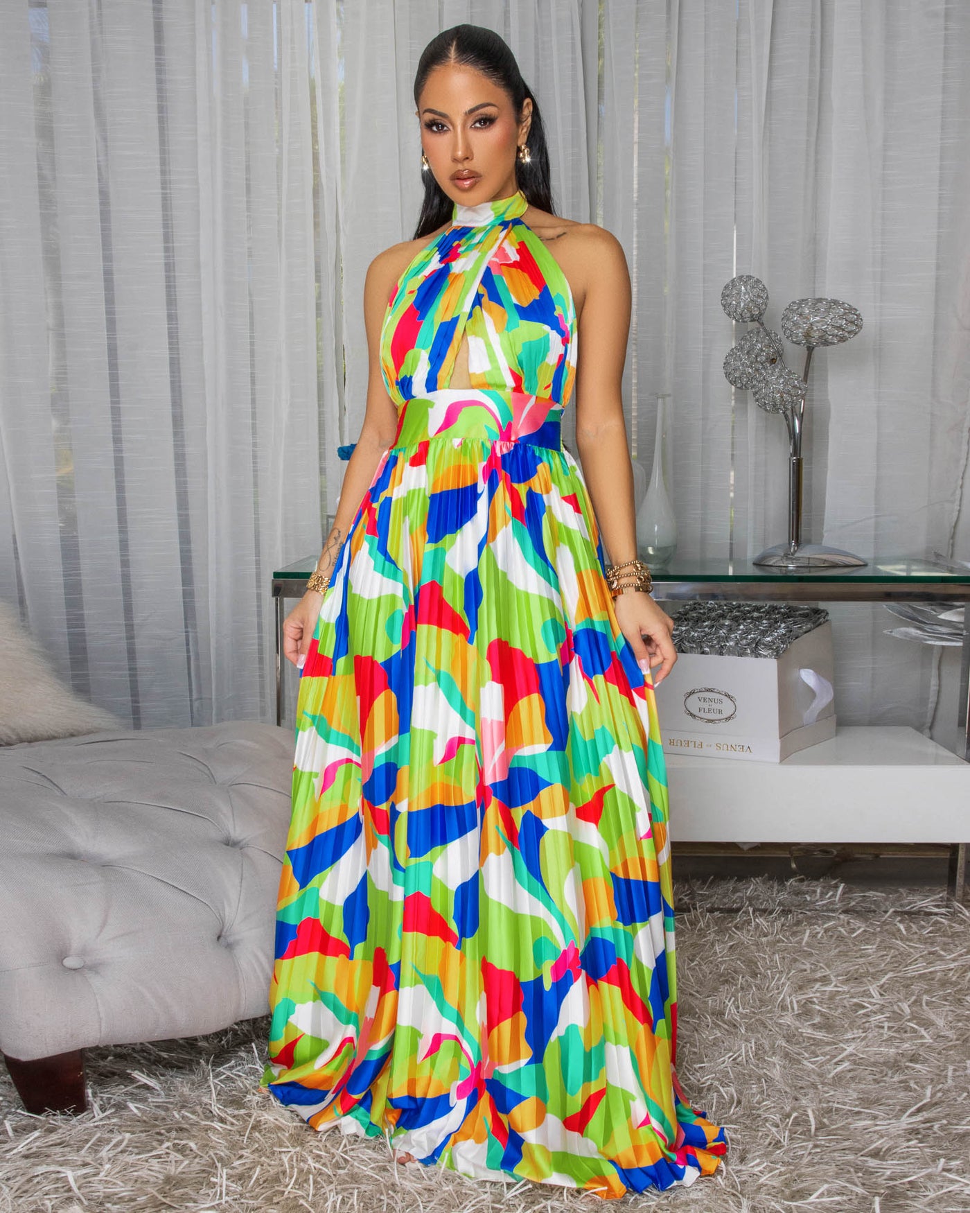 Delray Multi-Color Print Silky Halter Maxi Dress
