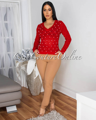 Melona Red Pearl Accent See-Thru Sweater