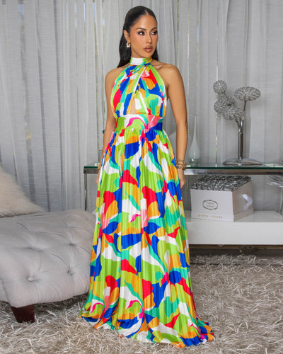 Delray Multi-Color Print Silky Halter Maxi Dress