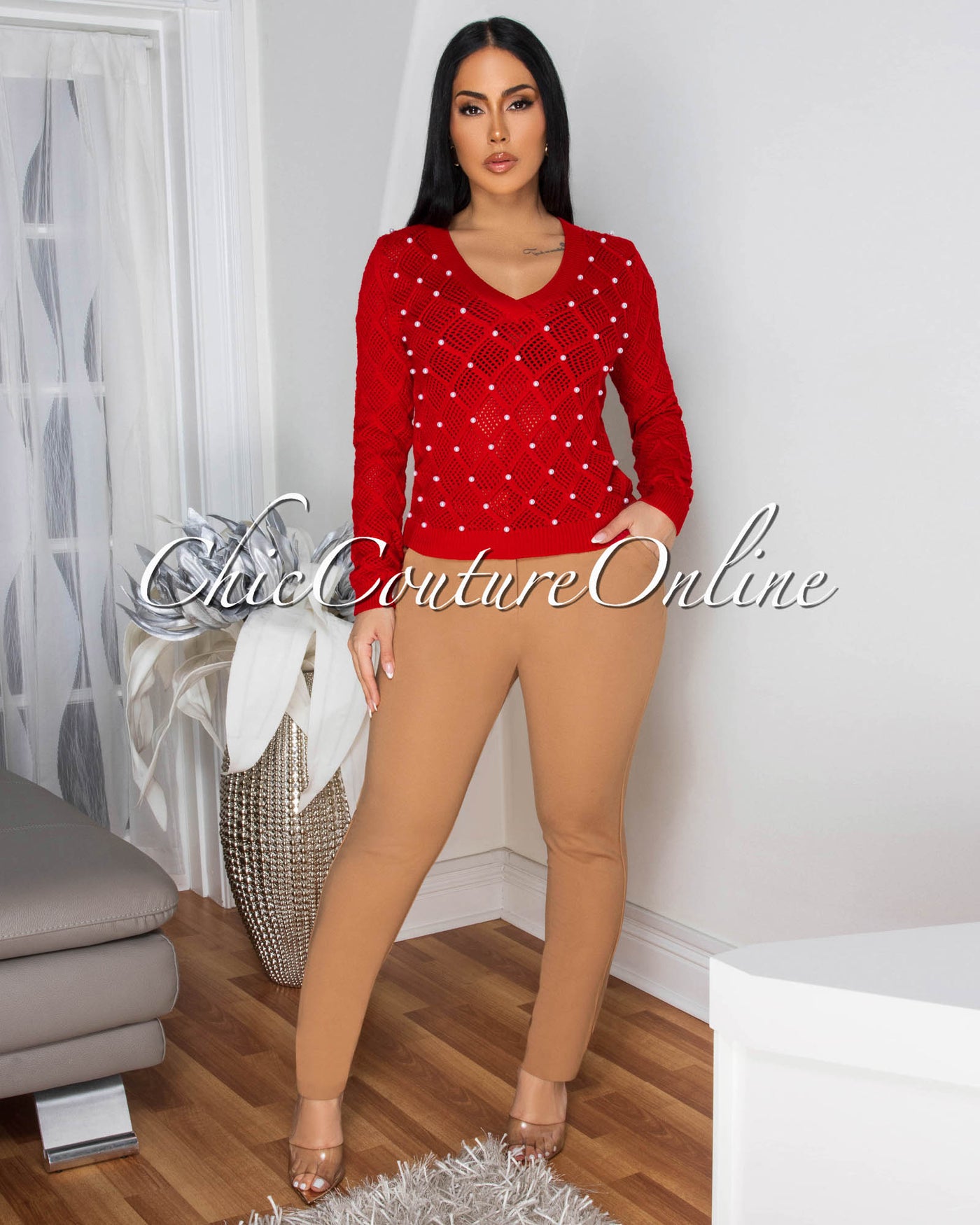 Melona Red Pearl Accent See-Thru Sweater