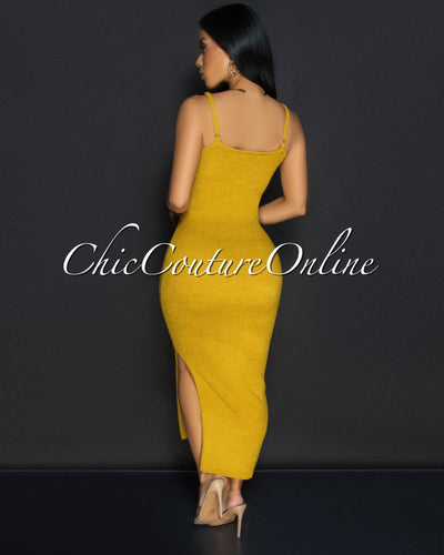 Ariah Mustard Wood Accent Knit Midi Dress