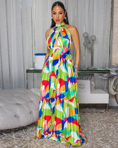 Delray Multi-Color Print Silky Halter Maxi Dress