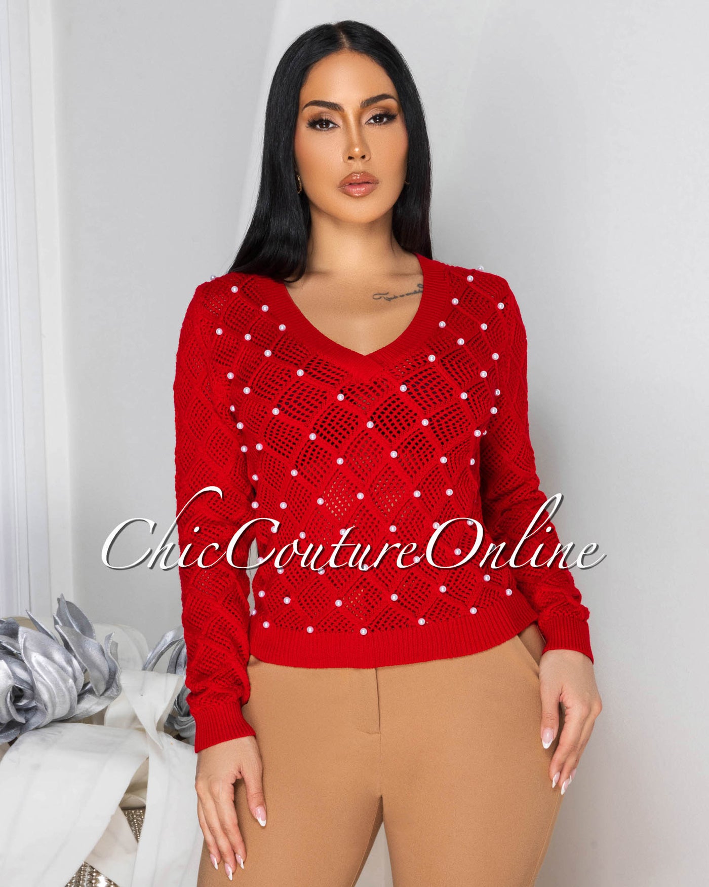 Melona Red Pearl Accent See-Thru Sweater