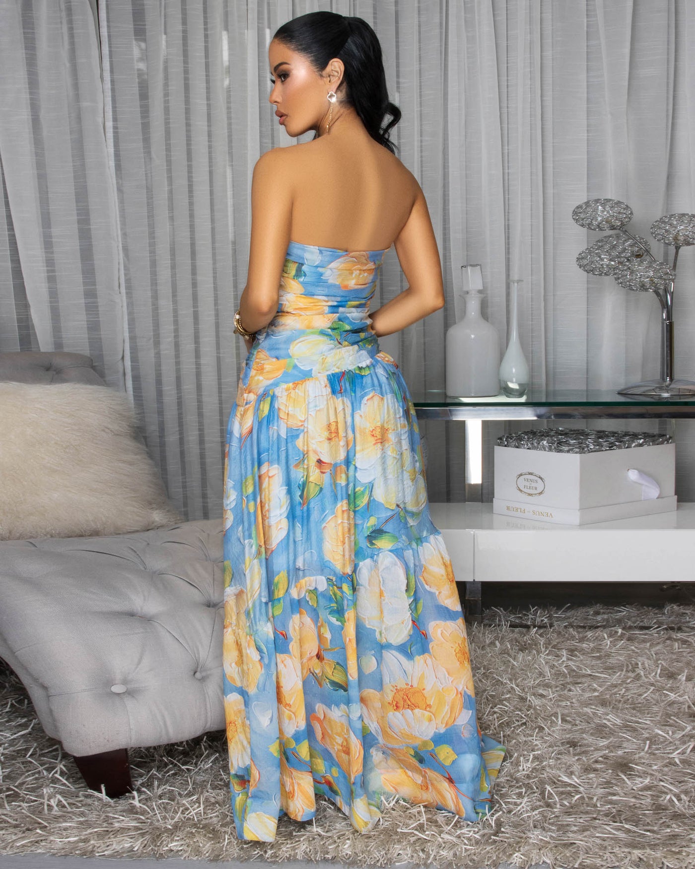 blue and yellow maxi dress Dulce Strapless Split blue and yellow maxi dress