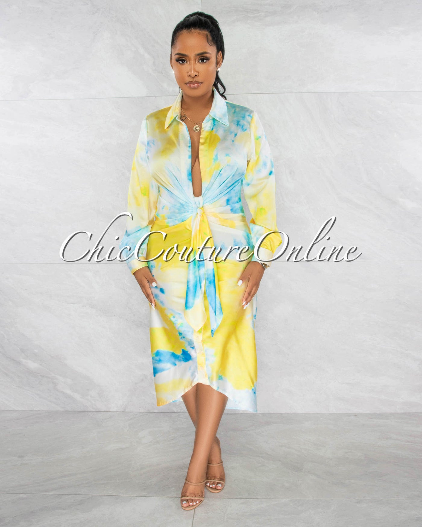 *Jordina Yellow Blue Draped Front Tie Shirt Silky Midi Dress